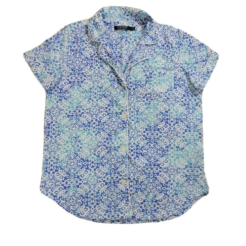 Women's LRL Ralph Lauren PJ Top Full Button Shirt Blue Geometric Cotton Poly